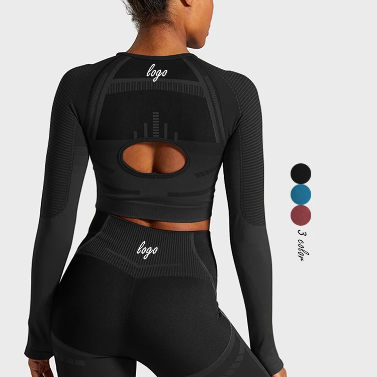 

Custom Logo Back Hollow Out Long Sleeve Compression Tight Women Sport Crop Top, As shown