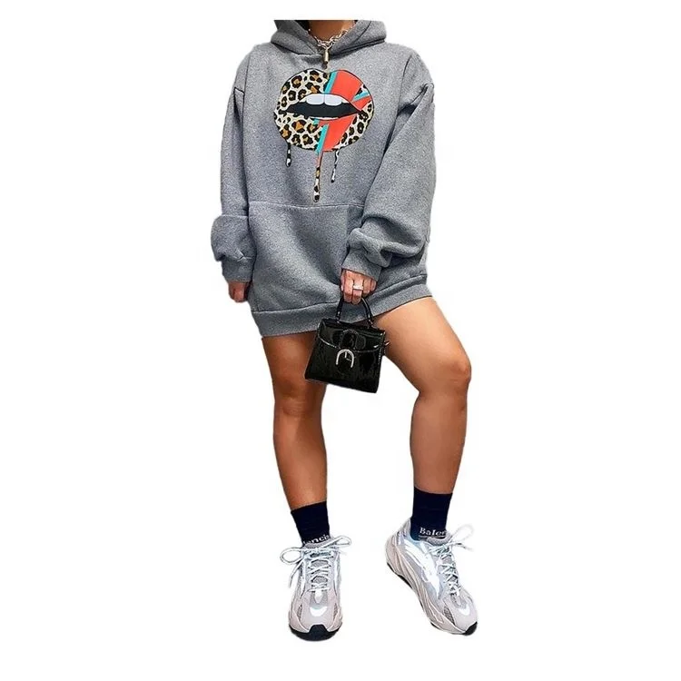 

2020 New Sexy Casual Fashion Lip Print Long Sleeve Women Girls' Clothes Lady Elegant Dress, Gray