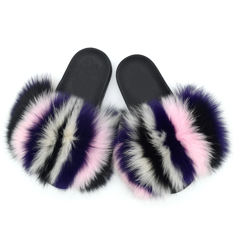 

China wholesale furry slippers mommy and me outfits shoes set for mother daughter matching dress real fox fur raccoon fur slides, Customized color