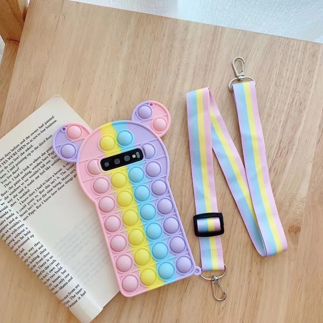 

Silicone Rainbow Phone Case For Huawei MATE 40 pro Bear Ear Lanyard Soft Case Foe Samsung S21 S20 Plus Ultra S10 Note 10P