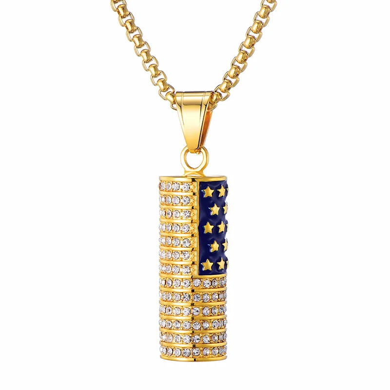 

Hip hop titanium stainless steel column American flag necklace pendant trendy diamond stainless steel necklace (KSS320), Same as the picture