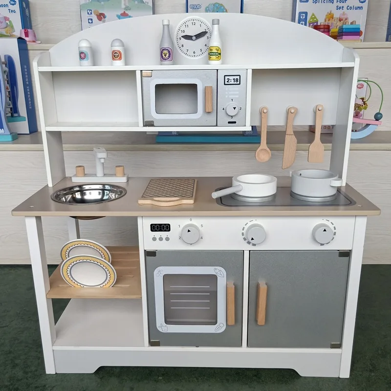 

Vintage Wooden Play Kitchen Kids Kitchen Set Pretend Play Kitchen with Burners Faucet & Microwave Cooking Clock