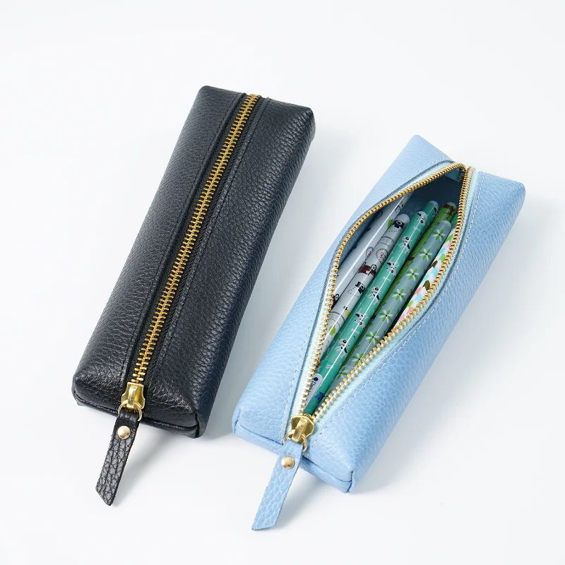 AIGUONIU Korean Version Cowhide Pen Bag Lychee Fresh Stationery Storage Zipper Bag Small Leather Office Supply for Students