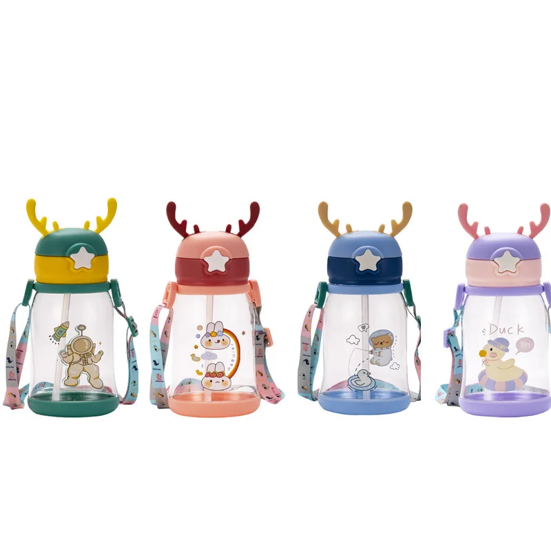 

WHY104 Cute Cartoon Deer Horn Children Water Bottle Silicone Straw Plastic Cup Portable Straps Water Cup, As pics