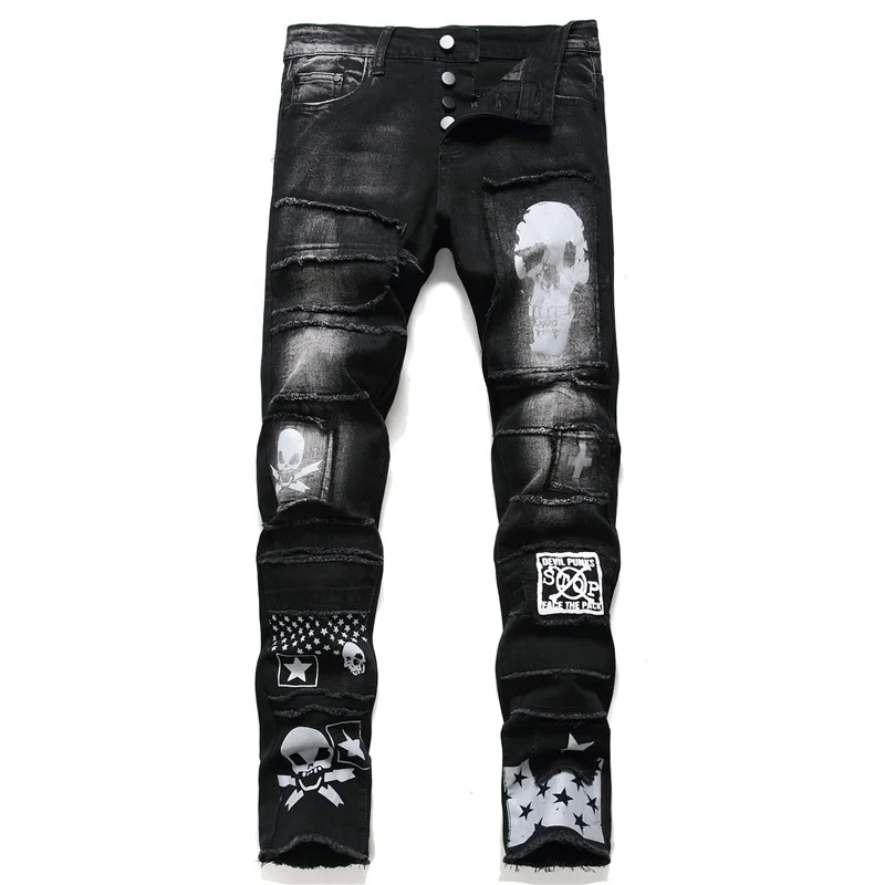 

Men Street Black Skull Print Embroidered Rivet Raw Hem Spliced Patchwork Low Crotch Stacked Skinny Jeans Denim Pencil Pants