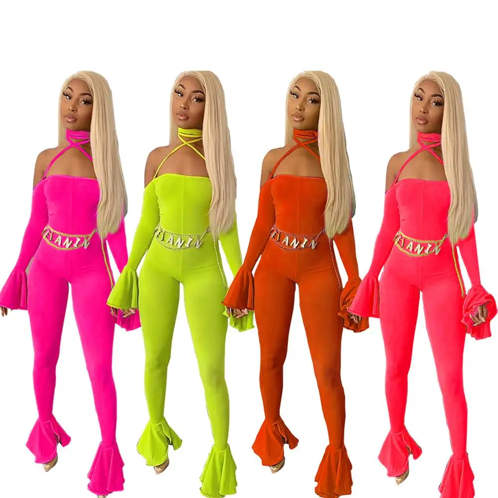

2019 New arrival women jumpsuits trendy sexy club party one piece neon pants flare bell bottom backless jumpsuit, Photo shows