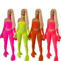 

2019 New arrival women jumpsuits trendy sexy club party one piece neon pants flare bell bottom backless jumpsuit