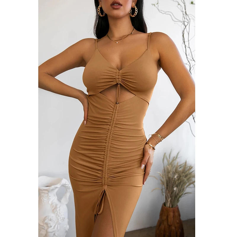 

causal ruched spaghetti strap new designs 2021 beautiful brown solid bodycon dress 2021 new arrival, Camel