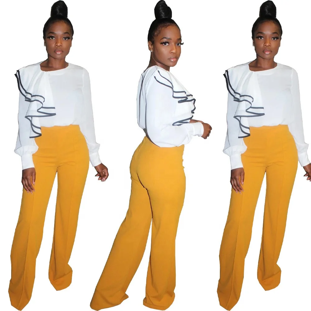 

B51396A New arrival women fashion pure color long sleeve ruffles fancy blouse, White