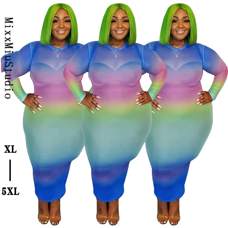 

2020 new color striped mesh printed autumn long plus size dress, Customized color