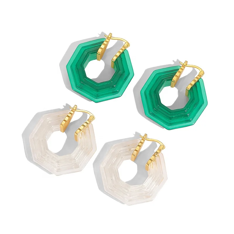 

French Characterful And Versatile Hexagonal Symmetrical Brass Plated Gold Vintage Acrylic Earrings, Picture shows