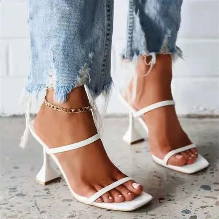 

sandal heels for ladies Summer new fashion sexy hollow square head thin heel simple thin belt women's large size slippers