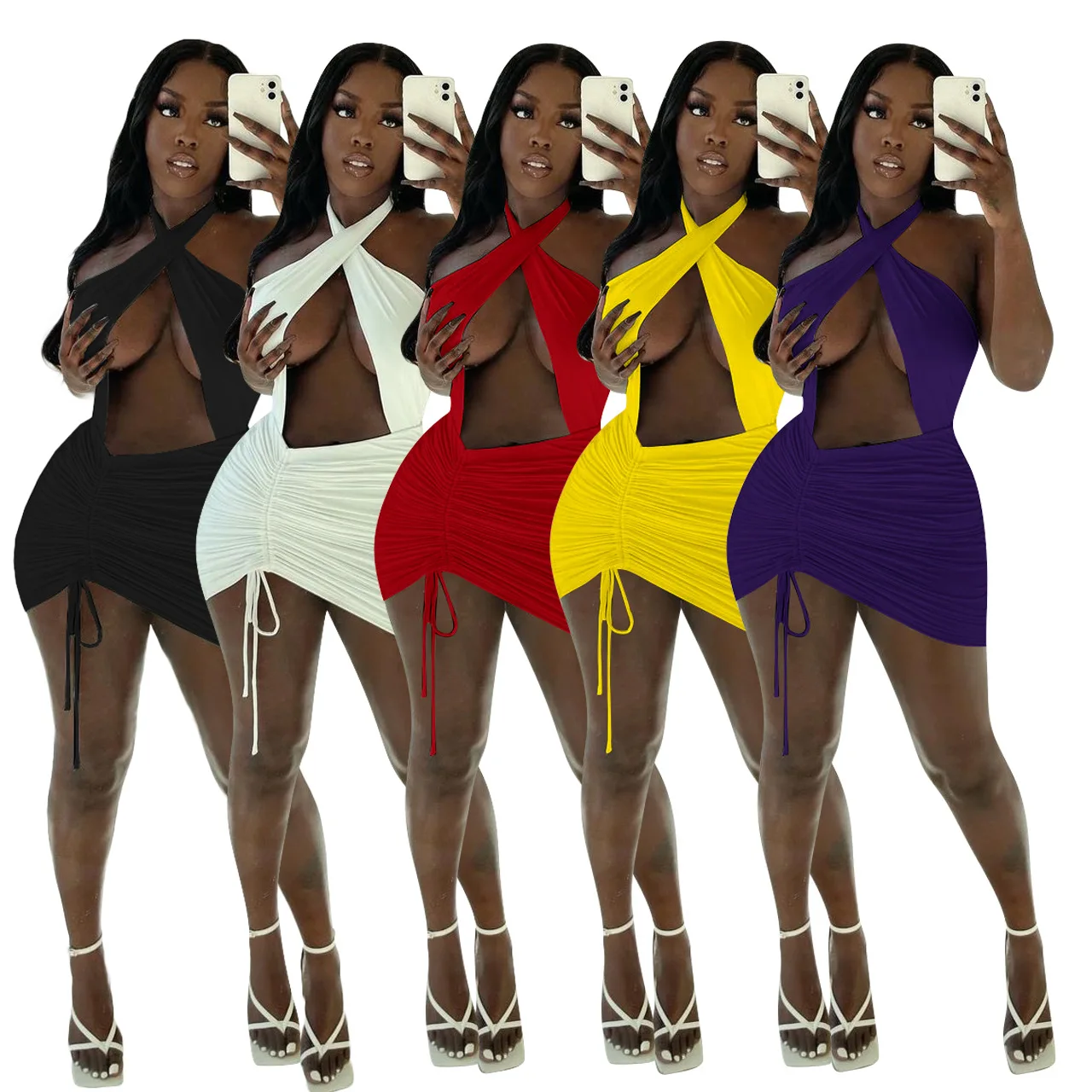 

Wholesale Woman's Summer Solid Color Club Bodycon Dresses Women Sexy Dress, White, yellow, red, purple, black