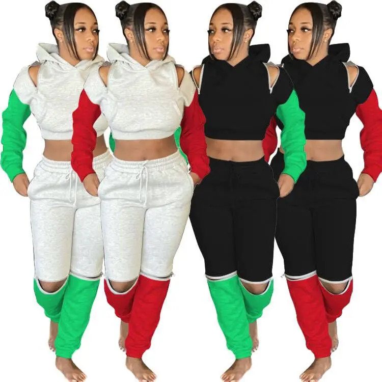 

2022 New Arrivals Casual Jogging Tracksuit Winter Women Two Piece Set Patchwork Crop Hooded Sweatsuit