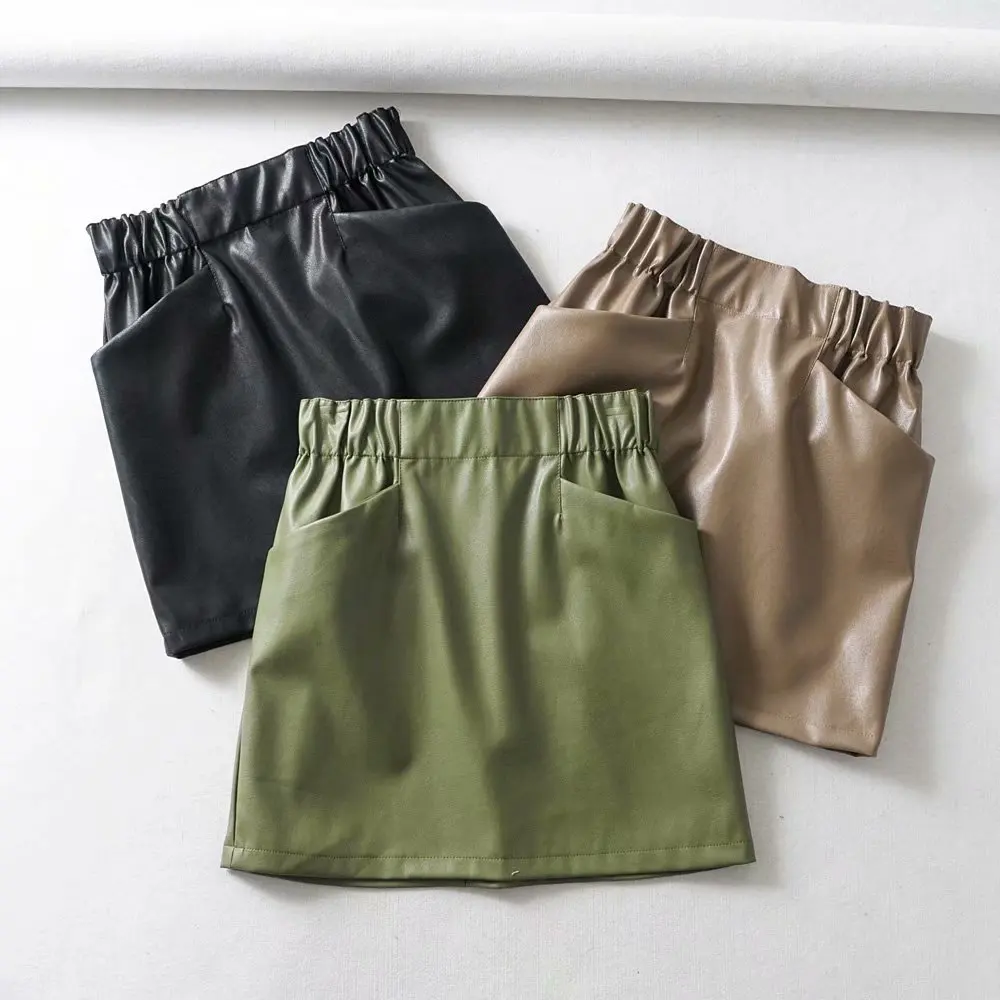 

Autumn And Winter New Women's Elastic Waist Solid Color PU Leather Mini Short Skirt With Ppockets