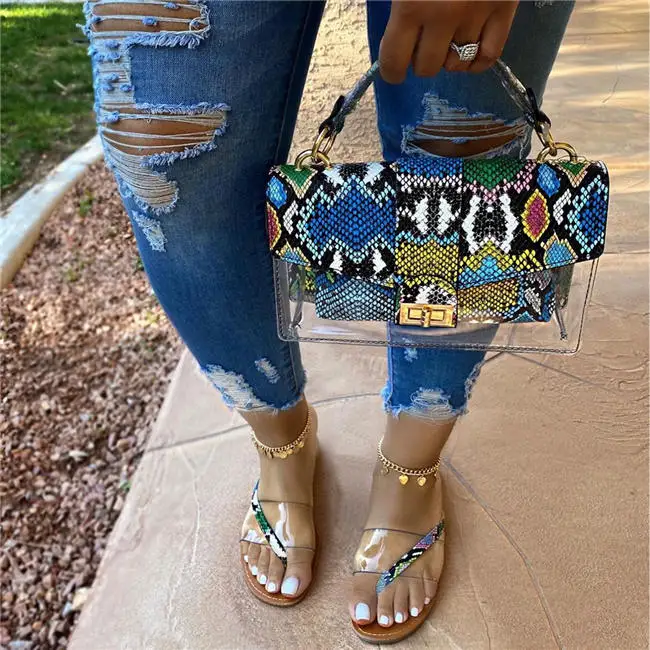 

Dropshipping purse and shoes set 2021 jelly flip flop matching snakeskin print bag women purse and slippers
