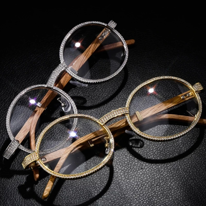 

OH Vintage Round Cubic Zircon Sunglasses New Luxury Men Women Oval Crystal Wood Glasses Iced Out Fashion Eyewear Hip Hop Jewelry