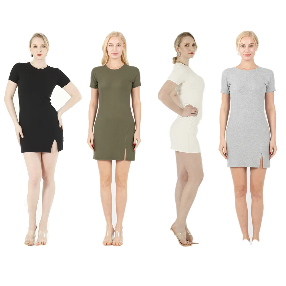 

2021 Women Summer Split Fashion Casual Short Sleeve Round Neck Rib Bodycon Midi Dresses