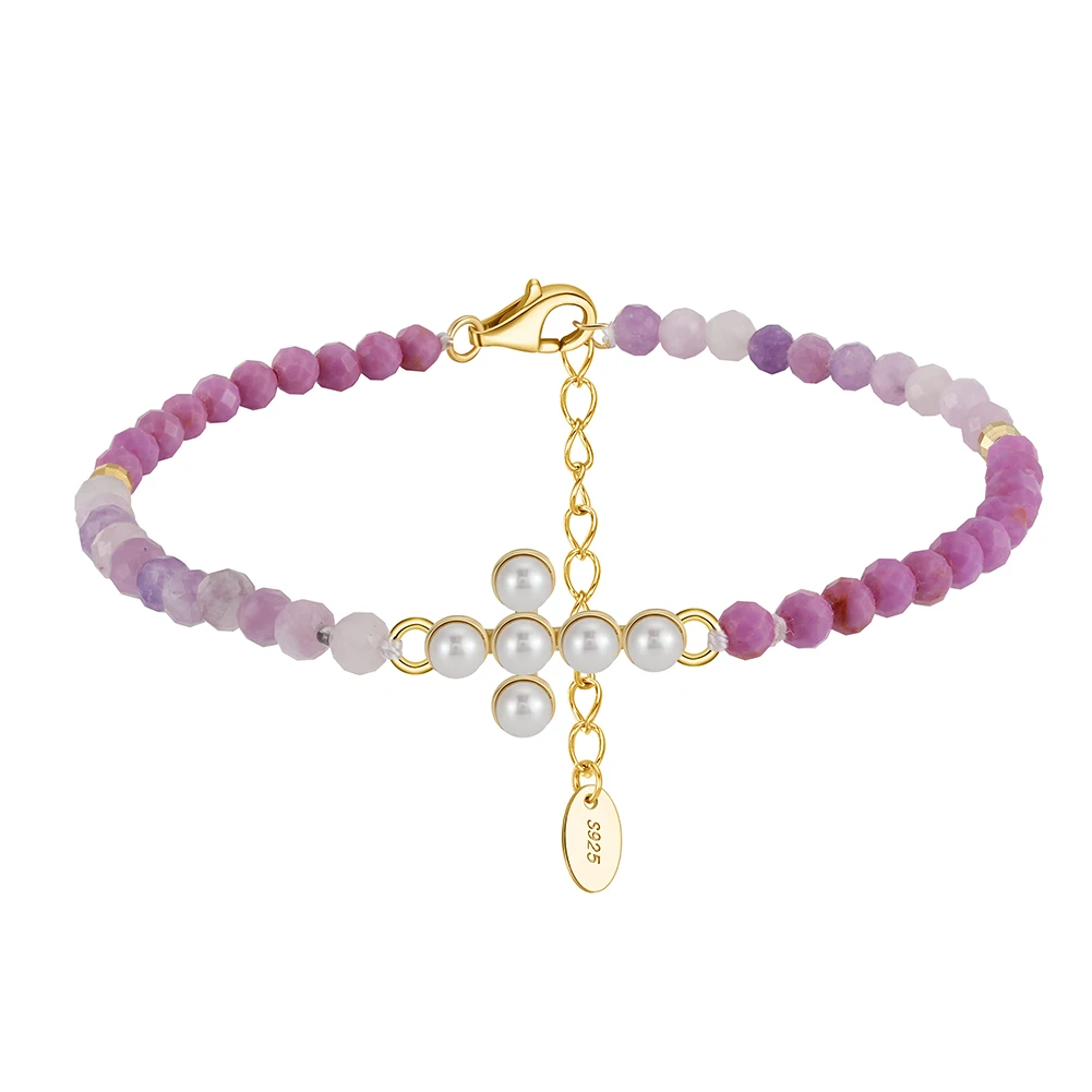 MPB10 RINNTIN Gold Cross Bracelet 925 Sterling Silver Adjustable Natural Freshwater Pearl Purple Mica Bracelet for Women