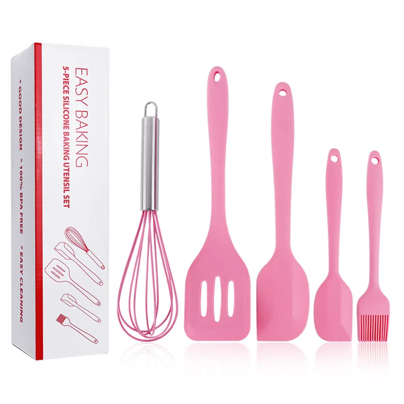 

Hot Selling Heat Resistant Cooking Accessories Tools 5 pcs Pink Food Grade Non Stick Silicone Kitchen Utensil Set, Pink,customizable