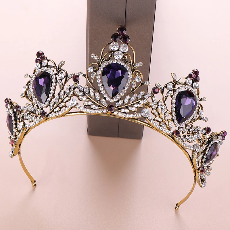 

Purple Crystal Baroque Metal Tiaras Golden Alloy Floral Accesorios Para El Cabello Luxury Retro Rhinestone Bridal Crown Wedding