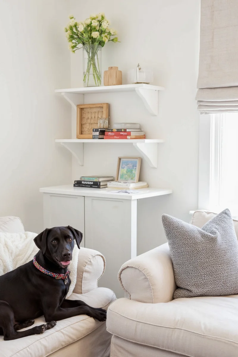 A happy dog lounging in a custom-built dog zone with stylish cushions and a matching rug.