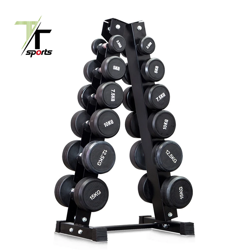 

TTSPORTS Gym Fitness Excercise Sports Equipment PVC Coated Cast Iron Rubber Dumbell 20 kg Set With Rack, Black