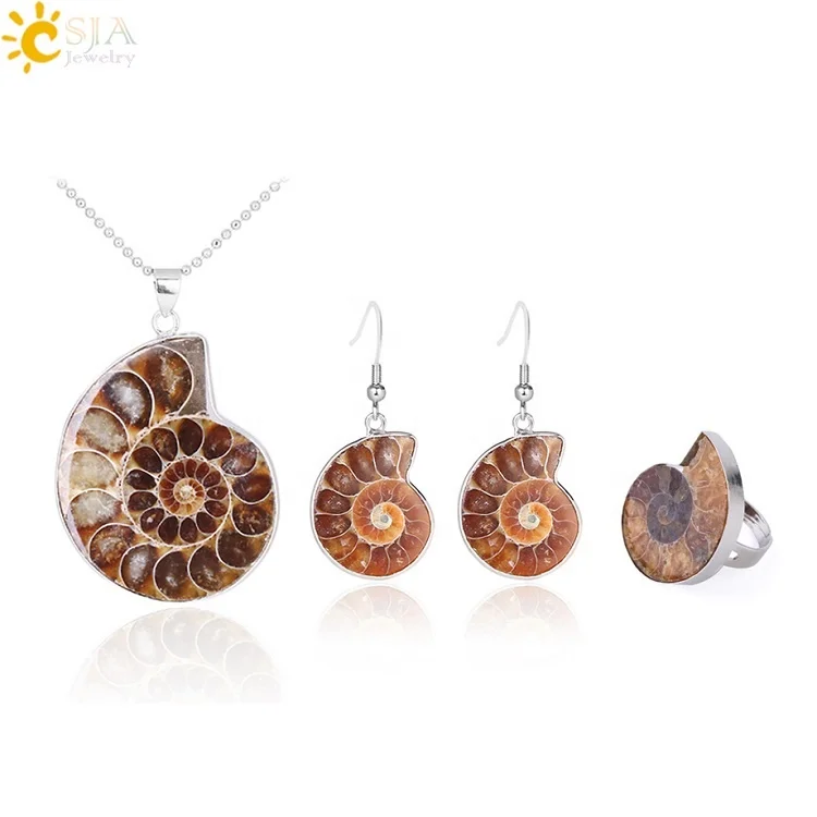 

CSJA 2020 hot sale natural ammonite stone fossils pendant necklace earrings ring beach women jewelry sets F613