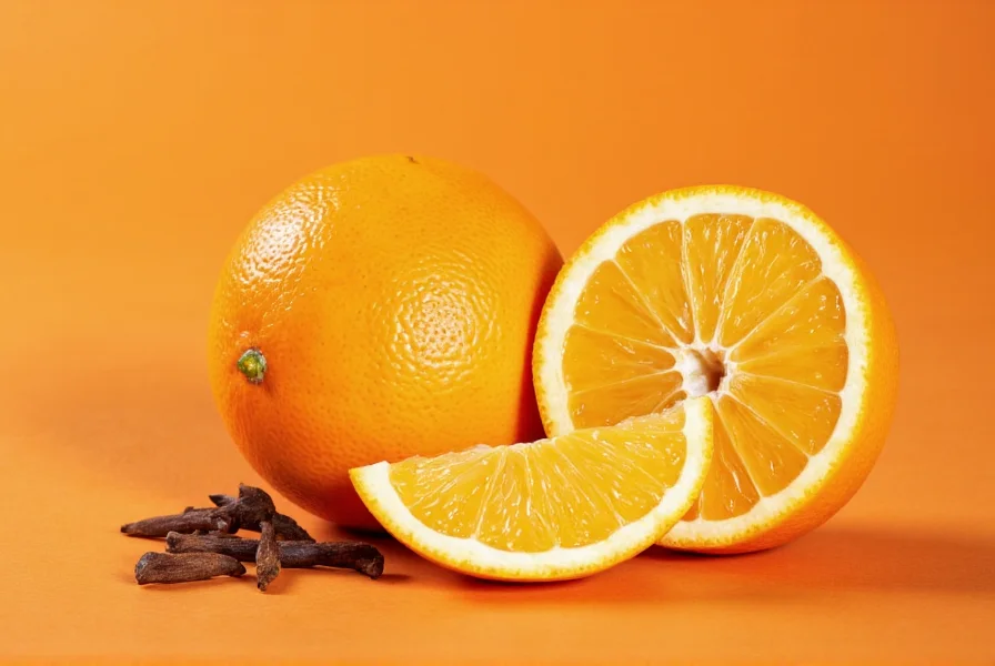 Step-by-step process of creating an orange studded with cloves showing pattern layout and clove insertion