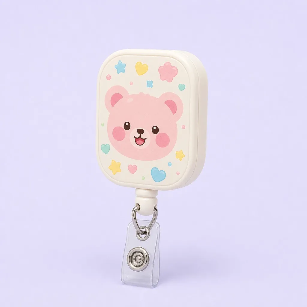 Four cute cartoon badge reels with bear, bunny, puppy and kitten designs on display stands