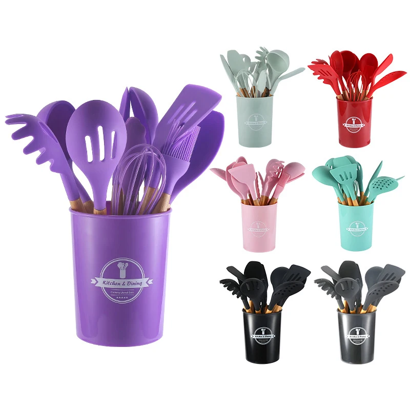 

Food grade Silicone with Wood handle 12 In 1 Set Kitchen Accessories Cooking Utensils With holder Wooden Handles Utensil, Green/red/black/pink/purple