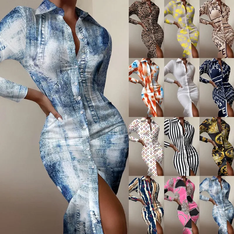 

Elegant Printed Shirt Dresses Women Long Sleeve Button Office Lady Bodycon Sexy Dress Fashion Party B1897
