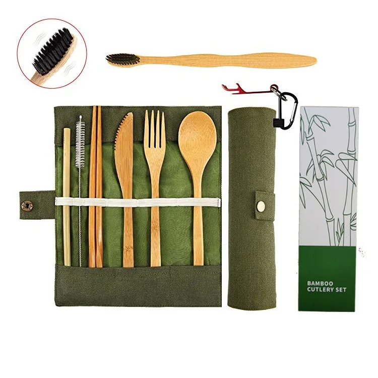 

Outdoor camping flatware portable picnic utensil kit reusable real bamboo travel cutlery set with pouch, Navy green,white,brown