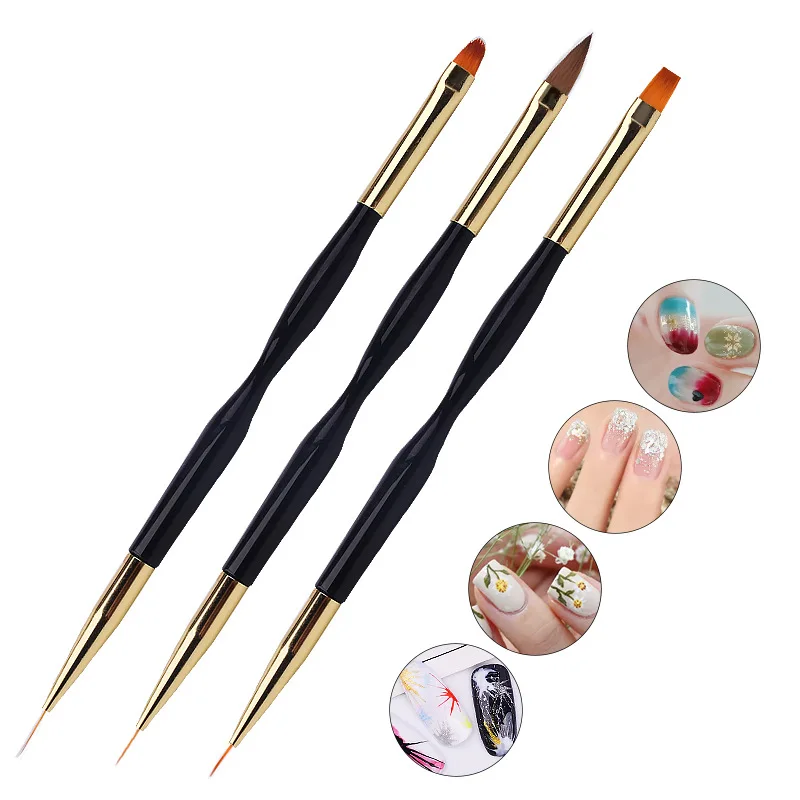 

3 Pcs Nail Tools Packing Nail Drawing Pen Dual End Nail Art Pen Brush Acrylic Round Flat Painting Drawing Liner Brushes, Black+gold