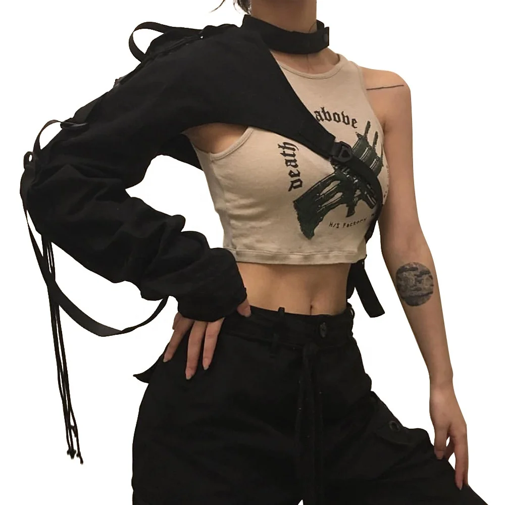 

Hot Selling Women Drawstring Halter Neck Buckle One Shoulder T Shirts Long Sleeve Crop Tops