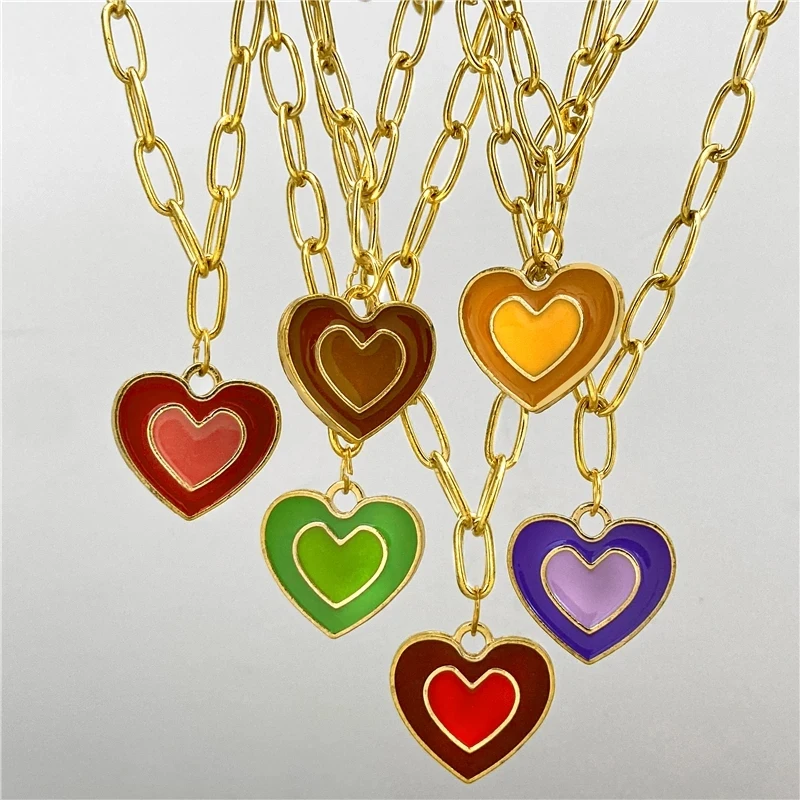 

Ins Creative Simple Colorful Love Heart Necklace Vintage gold link chain Necklace For Women Fashion Jewelry