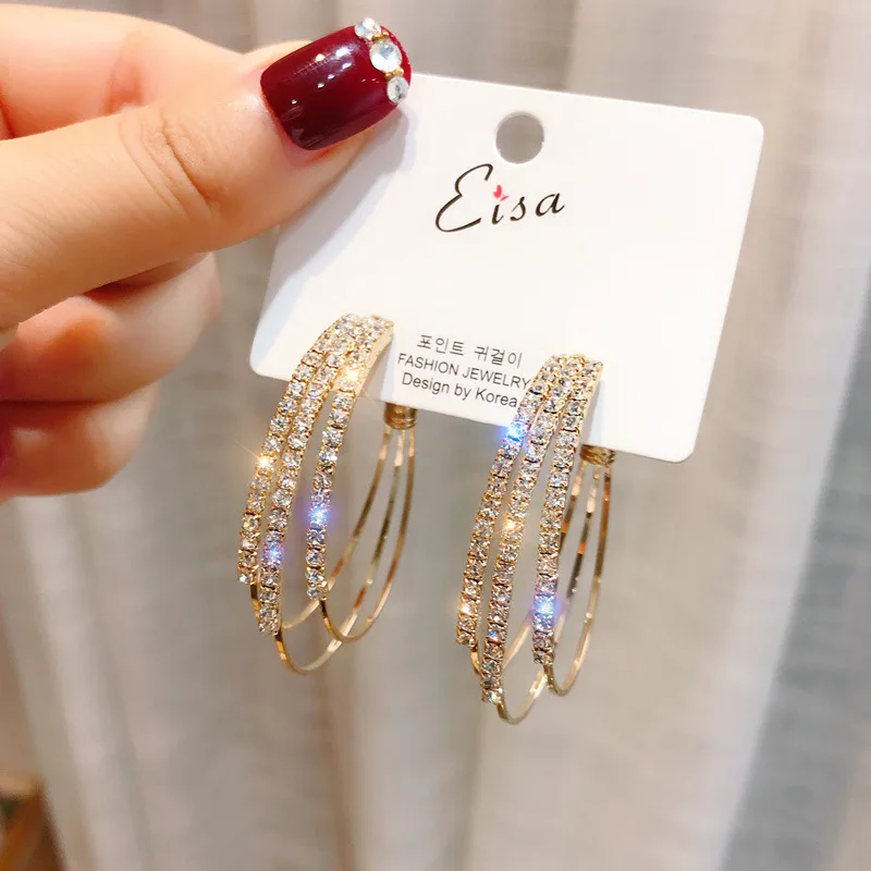 

Fashion Rhinestones Crystal Hoop Earrings 925 Silver Needle Statement Hoop Women Earrings C-shaped Earrings, Siver gold