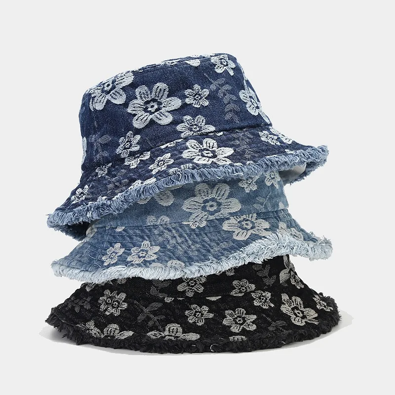 Floral Frayed Denim Bucket Hat