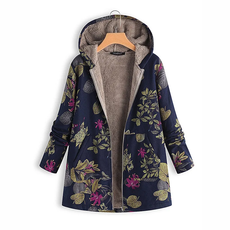 

Ecoparty Women Coat Parka Vintage Floral Plaid Print Hooded Warm Outwear Flannel Lining Zipper Loose Jacket Hoodie Overcoat