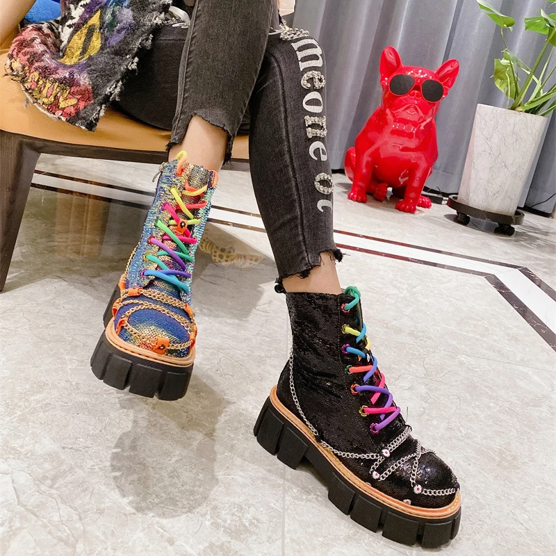 

Colorful sequins cross chain platform thick-soled martin motorcycle boots for women