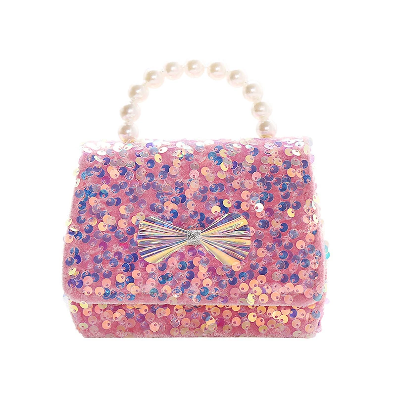 

2021 new cute pink princess girls high quality mini shoulder bag glitter sequin bow fashion sling bag pearl chain sequin handbag, Black, white, blue, rose red