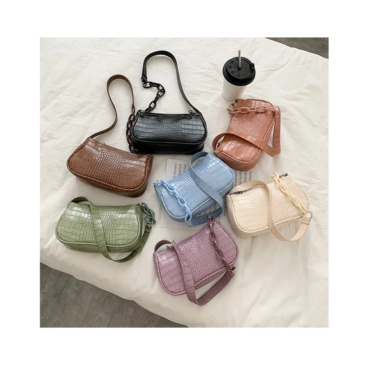 

Small Crocodile Pattern Armpit Bags Acrylic Chains Mini Handbags 2021 Women Fashion Pure Color Shoulder Underarm Purses