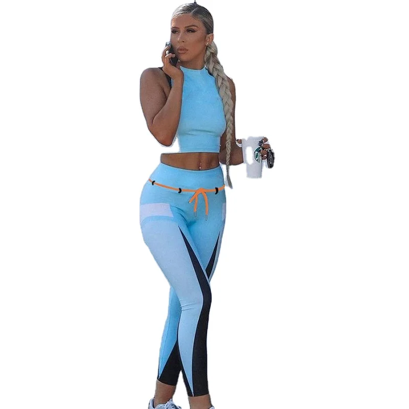 

Sleeveless sports two-piece suit contrast stitching tight fitness yoga suit Women's Sets With Patchwork, Custom