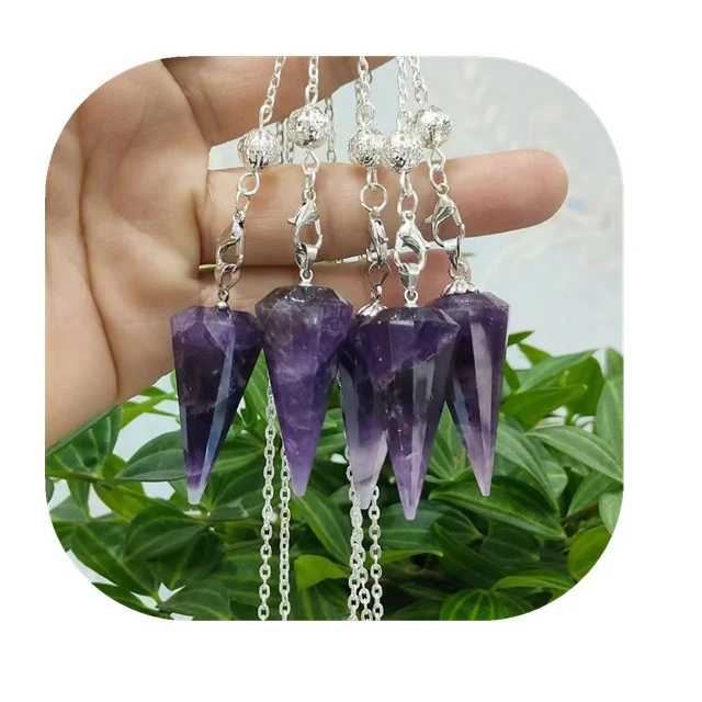 

New arrivals 37mm crystals chakra hanger silver clasp chains natural purple amethyst quartz pendulum gemstone for sale