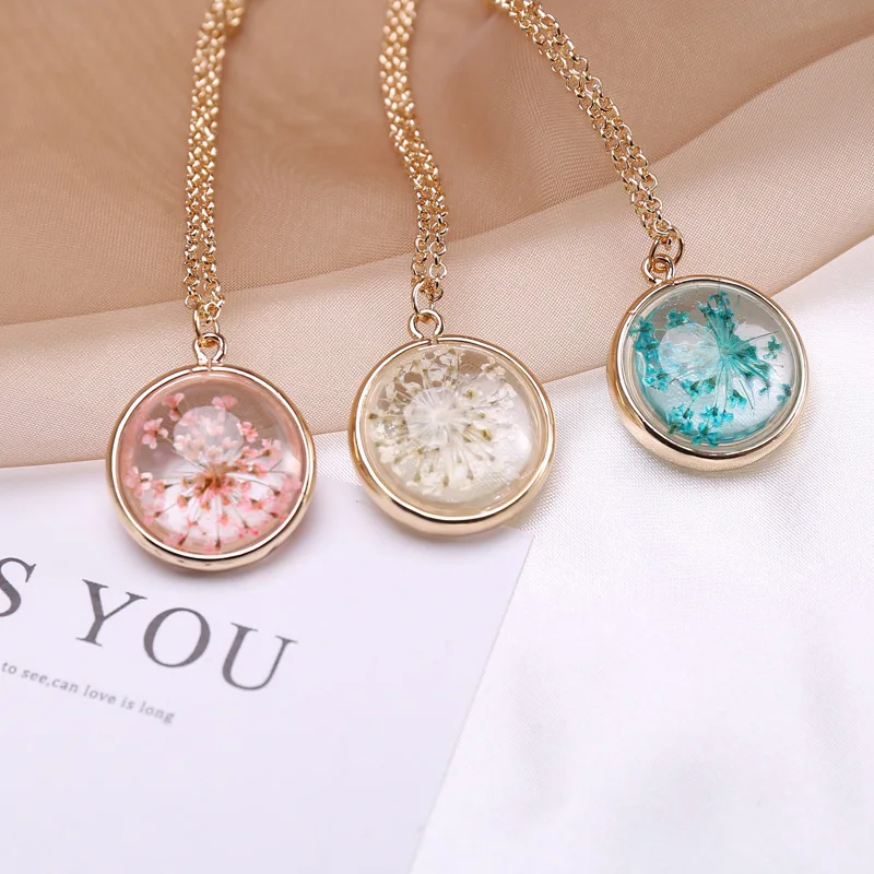 

Wholesale Fashion Pressed Flower Necklace With Pendant Glass Ball Resin Necklace Jewelry, Golden,silvery