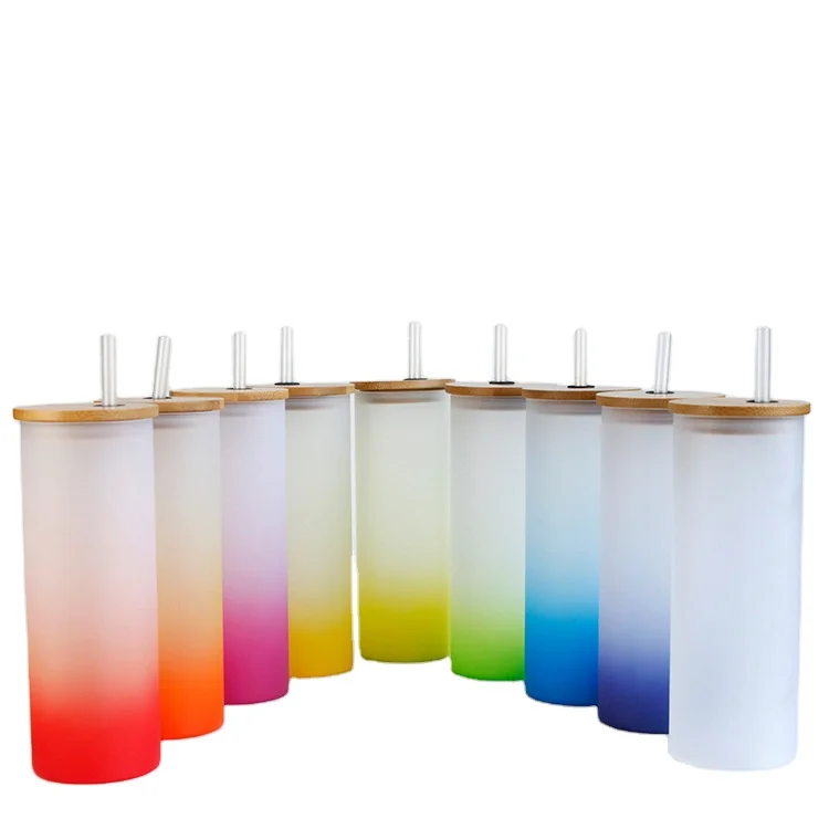 

RubySub Wholesale 17oz Gradient Frosted Glass Sublimation Glass Tumblers with Straw Bamboo Lid, Red/hot pink/light blue/royal blue/yellow/orange/green/white