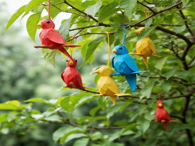Colorful paper birds hanging from tree branch