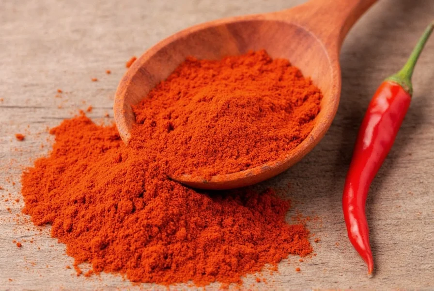 Red chili powder being measured into a spice grinder with fresh chili peppers in background