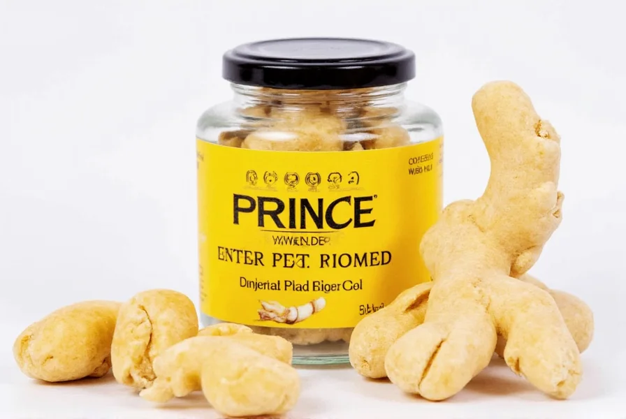 Close-up of Prince of Peace ginger chews showing their natural amber color and texture on wooden background