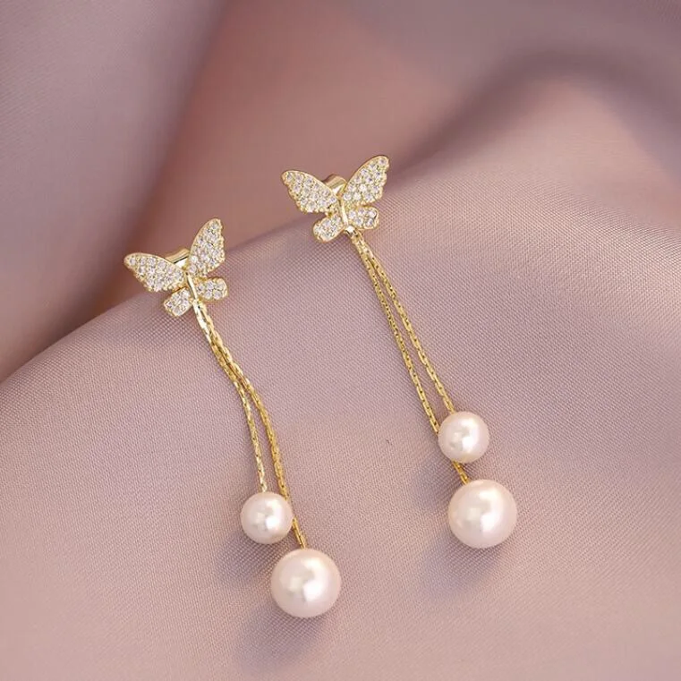 

New Style Pearl Butterfly Crystal Earrings Simple Fashion Pearl Long Earrings